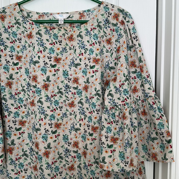Time and Tru Floral Cotton Blouse Elbow Flounce Sleeves L - Picture 3 of 6
